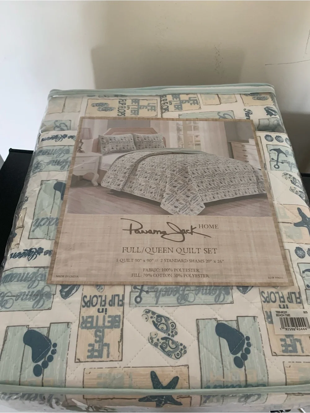 Panama Jack Home Full/Queen Quilt Set in Beach Print - Light Blue & Cream 1Quilt